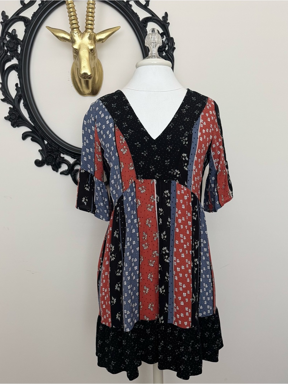 Others Follow V-Neck Patchwork Floral Dress - Navy, Rust & Blue
